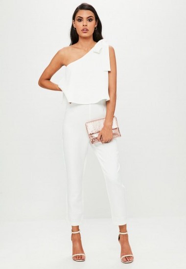 missguided white one shoulder bow jumpsuit - flipped