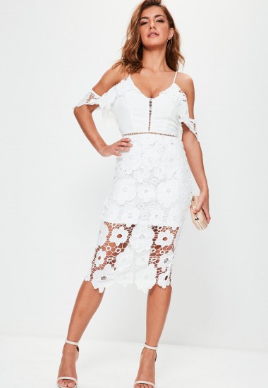 Missguided white strappy frill lace midi dress ~ semi sheer floral party dresses