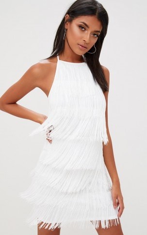 PRETTYLITTLETHING WHITE TASSEL DETAIL HALTERNECK BODYCON DRESS – fringed party dresses - flipped