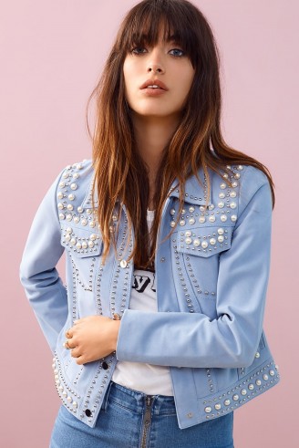 Rebecca Minkoff WILLEM JACKET | sky-blue pearl studded suede jackets