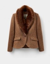JOULES WILOMENA TWEED JACKET CAMEL HERRINGBONE / faux fur collared jackets