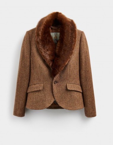 JOULES WILOMENA TWEED JACKET CAMEL HERRINGBONE / faux fur collared jackets - flipped