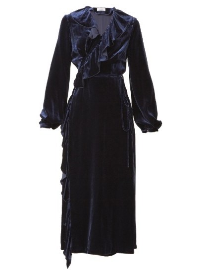 RACIL Wilt ruffle-trimmed velvet wrap dress ~ blue ruffled dresses - flipped