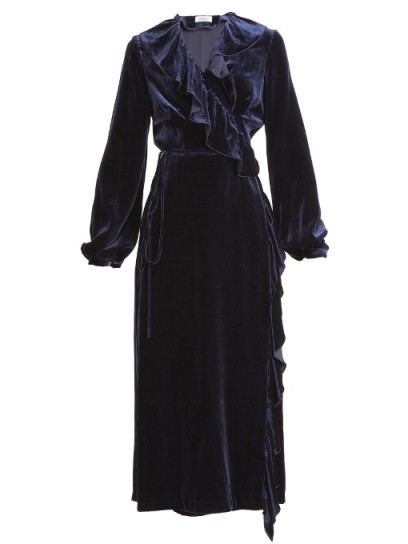 RACIL Wilt ruffle-trimmed velvet wrap dress ~ blue ruffled dresses
