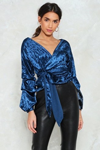 Nasty Gal Wrapped in the Closet Velvet Top – blue balloon sleeved evening tops - flipped