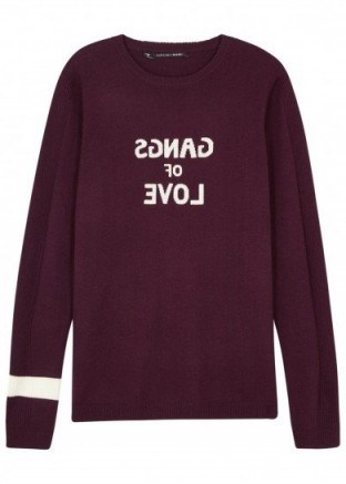 J BRAND X Bella Freud intarsia merino wool jumper | burgundy slogan jumpers | dark red sweaters - flipped