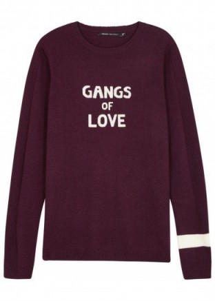 J BRAND X Bella Freud intarsia merino wool jumper | burgundy slogan jumpers | dark red sweaters