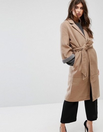 Y.A.S Belted 3/4 Sleeve Coat – beige wrap coats - flipped