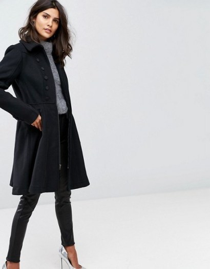 YAS Buttoned Skater Coat ~ black fit and flare coats - flipped