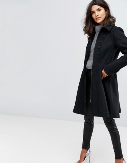 YAS Buttoned Skater Coat ~ black fit and flare coats