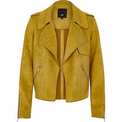 River Island Yellow faux suede cropped trench coat jacket ~ casual jackets - flipped