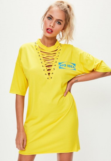 missguided yellow lace up t shirt dress / slogan print dresses
