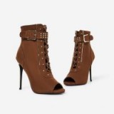 EGO Zanna Lace Up Peep Toe Ankle Boot In Khaki Faux Suede ~ metallic heel boots