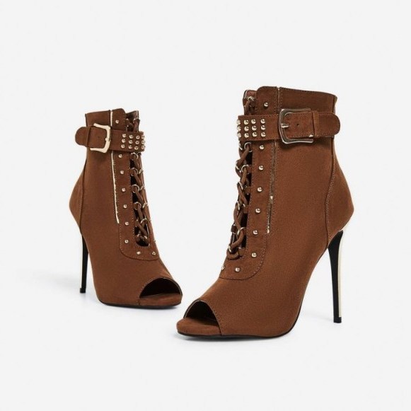 EGO Zanna Lace Up Peep Toe Ankle Boot In Khaki Faux Suede ~ metallic heel boots - flipped