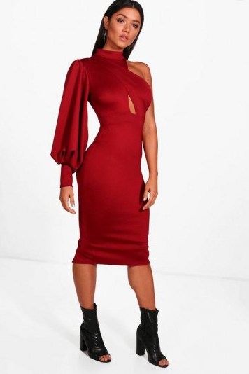 boohoo Abigail One Shoulder Detail Midi Dress ~ berry-red one sleeve party dresses - flipped