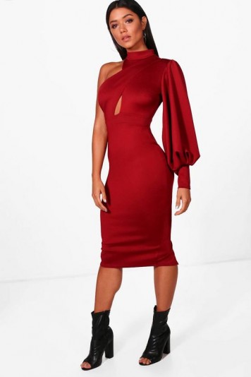 boohoo Abigail One Shoulder Detail Midi Dress ~ berry-red one sleeve party dresses