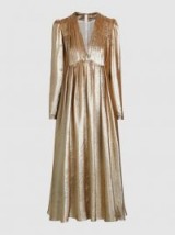 ADAM LIPPES‎ Gold Pleated Long Sleeve V-Neck Midi Dress