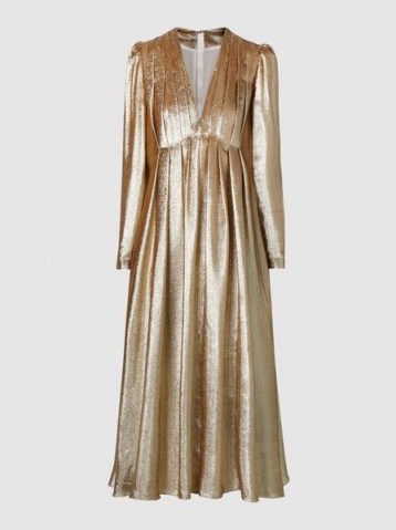 ADAM LIPPES‎ Gold Pleated Long Sleeve V-Neck Midi Dress - flipped