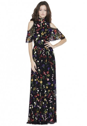 Alice and Olivia ADELLA EMBROIDERED GOWN / long floral cold shoulder dresses / romantic evening gowns - flipped