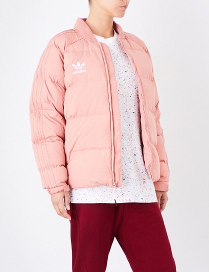 ADIDAS ORIGINALS Logo-embroidered shell-down puffer jacket ~ pink padded jackets - flipped