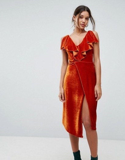 Aeryne Frill Detail Velvet Midi Dress – rust ruffle neckline party dresses - flipped