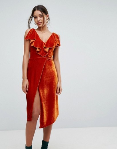 Aeryne Frill Detail Velvet Midi Dress – rust ruffle neckline party dresses