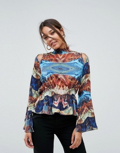 Aeryne High Neck Printed Top With Fluted Sleeve | cut out shoulder tops - flipped
