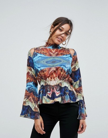 Aeryne High Neck Printed Top With Fluted Sleeve | cut out shoulder tops