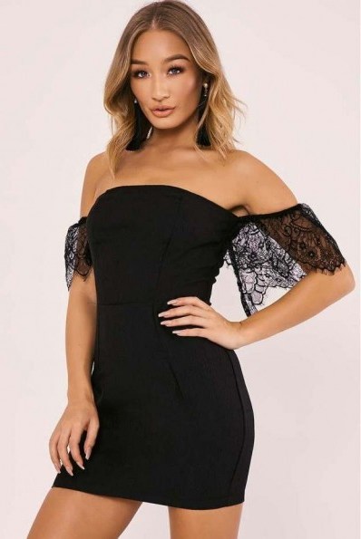 IN THE STYLE AILSA BLACK LACE SLEEVE BARDOT BODYCON DRESS ~ off the shoulder party dresses ~ lbd - flipped