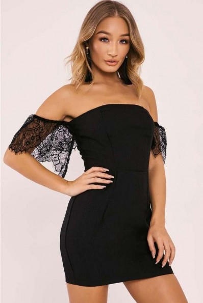 IN THE STYLE AILSA BLACK LACE SLEEVE BARDOT BODYCON DRESS ~ off the shoulder party dresses ~ lbd