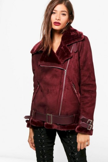boohoo Aimee Boutique Faux Fur Trim Aviator With Belt | burgundy winter jackets