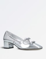 ALEXA CHUNG Bow square-toe leather pumps ~ metallic silver block heel shoes