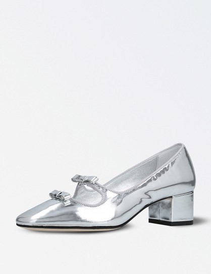 ALEXA CHUNG Bow square-toe leather pumps ~ metallic silver block heel shoes - flipped