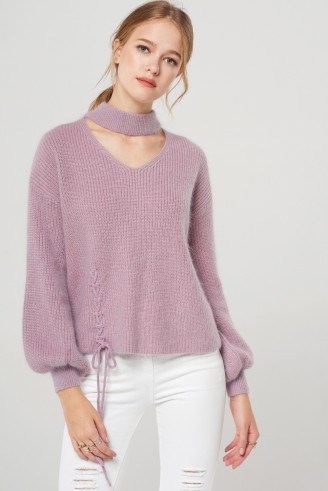 STORETS Ally Angora Choker Knit Pullover | soft purple bishop sleeved jumpers - flipped