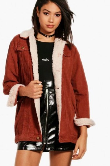 boohoo Amelia Borg Long Line Cord Jacket #jackets #rust #casual #style - flipped