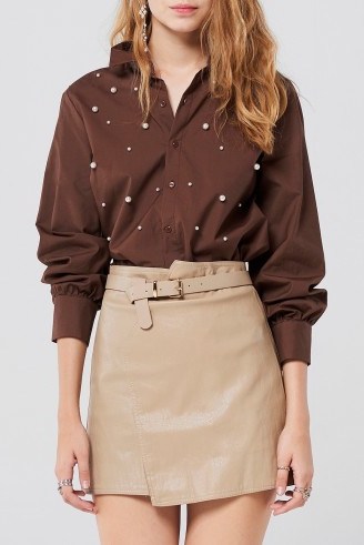 STORETS Amelie Leather Mini Skirt With Belt | beige faux leather asymmetric skirts - flipped