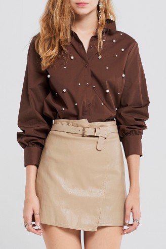STORETS Amelie Leather Mini Skirt With Belt | beige faux leather asymmetric skirts
