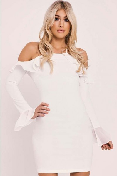 IN THE STYLE ANALEIGH CREAM LONG SLEEVE COLD SHOULDER FRILL MINI DRESS – ruffled going out dresses