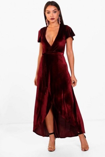 boohoo Angel Sleeve Dip Skirt Maxi Dress | berry-red plunge front dresses - flipped