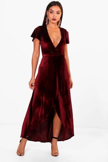 boohoo Angel Sleeve Dip Skirt Maxi Dress | berry-red plunge front dresses