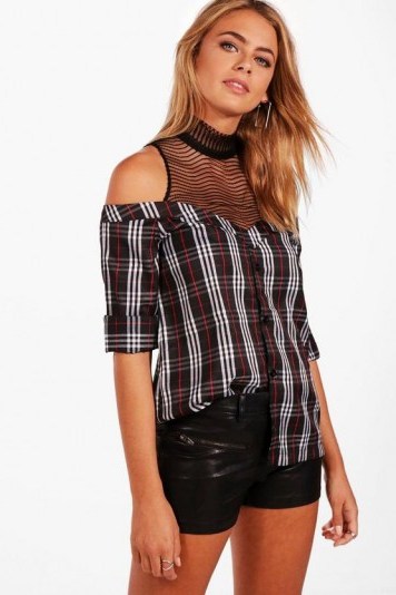 boohoo Anna Mesh Insert Off The Shoulder Shirt #cold #open #shirts #checked #casual #style - flipped