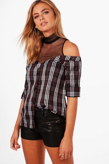 boohoo Anna Mesh Insert Off The Shoulder Shirt #cold #open #shirts #checked #casual #style