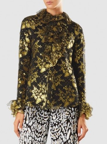 ANNA SUI‎ Gilded Lace Ruffled Long-Sleeve Blouse ~ metallic-gold floral blouses - flipped