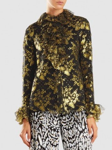 ANNA SUI‎ Gilded Lace Ruffled Long-Sleeve Blouse ~ metallic-gold floral blouses