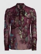 ANNA SUI‎ Iridescent Fil Coupé Silk-Blend Blouse ~ plum floral pussy bow blouses
