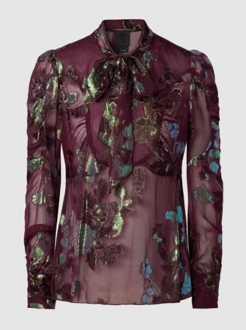 ANNA SUI‎ Iridescent Fil Coupé Silk-Blend Blouse ~ plum floral pussy bow blouses - flipped