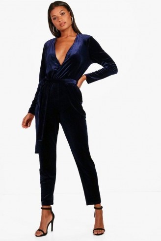 boohoo Anna Velvet Tailored Jumpsuit ~ navy-blue jumpsuits ~ party fashion - flipped