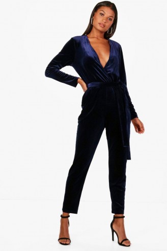 boohoo Anna Velvet Tailored Jumpsuit ~ navy-blue jumpsuits ~ party fashion