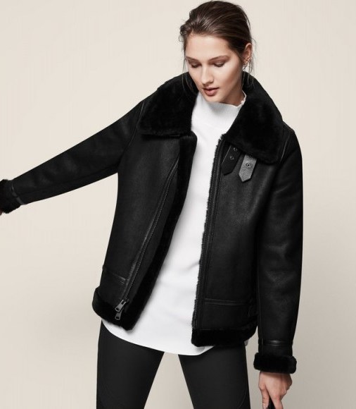 Reiss ARLA SHORT SHEARLING JACKET BLACK ~ stylish warm winter jackets - flipped