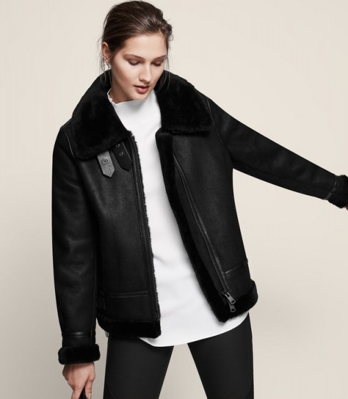 Reiss ARLA SHORT SHEARLING JACKET BLACK ~ stylish warm winter jackets